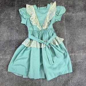Girl's Vintage 50's Celeste Powder Blue Lace Cottagecore Shirt Mini Dress Sz 5-6